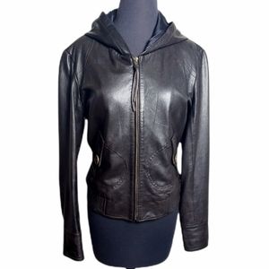 June dark brown leather hooded zip jacket women’s size medium